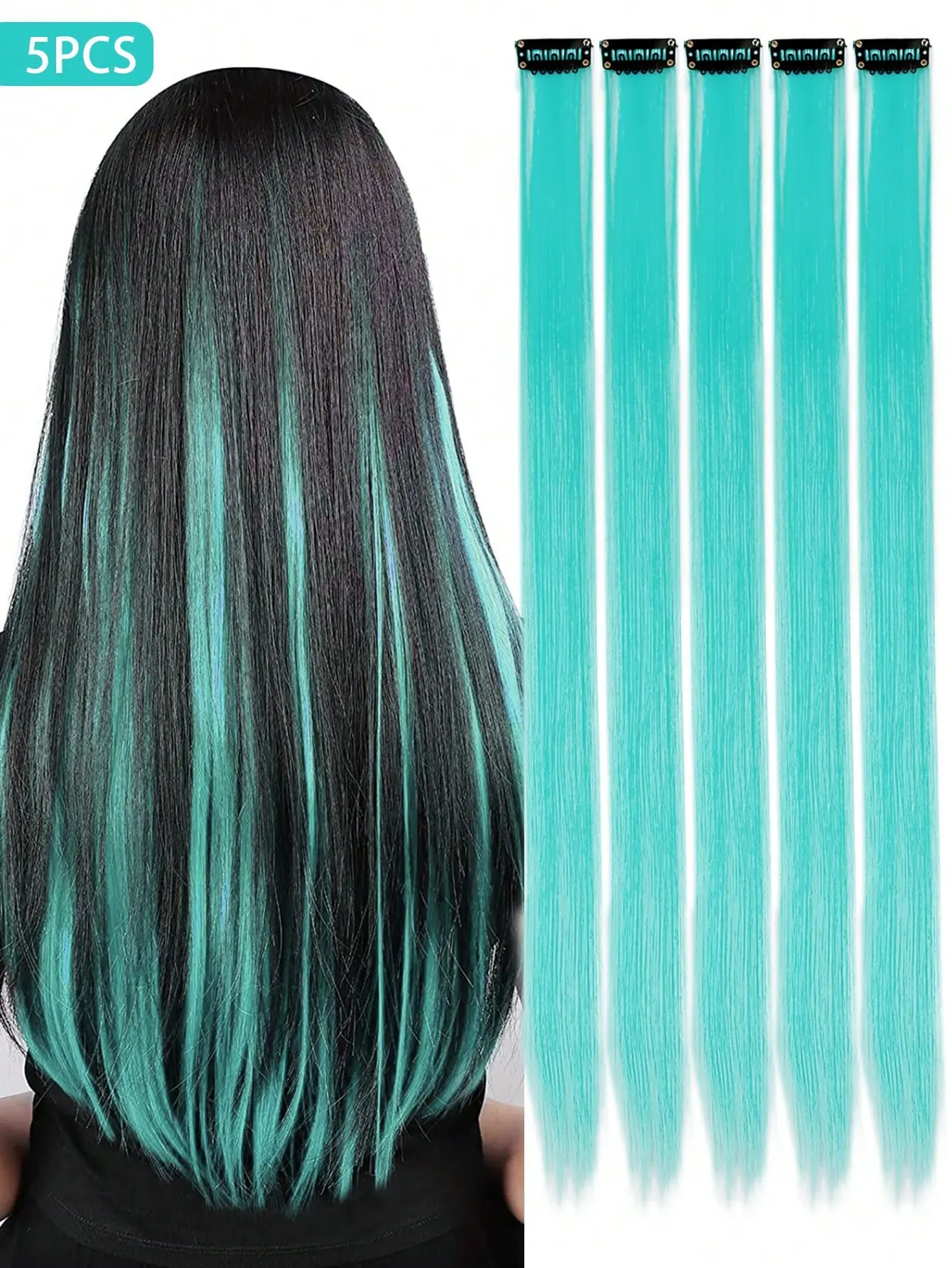 5PCS Cadet Blue Clip-In Hair Extensions – Long Straight 20 Inch Synthetic Strands for Women, Add Instant Color for Parties & Seasonal Events