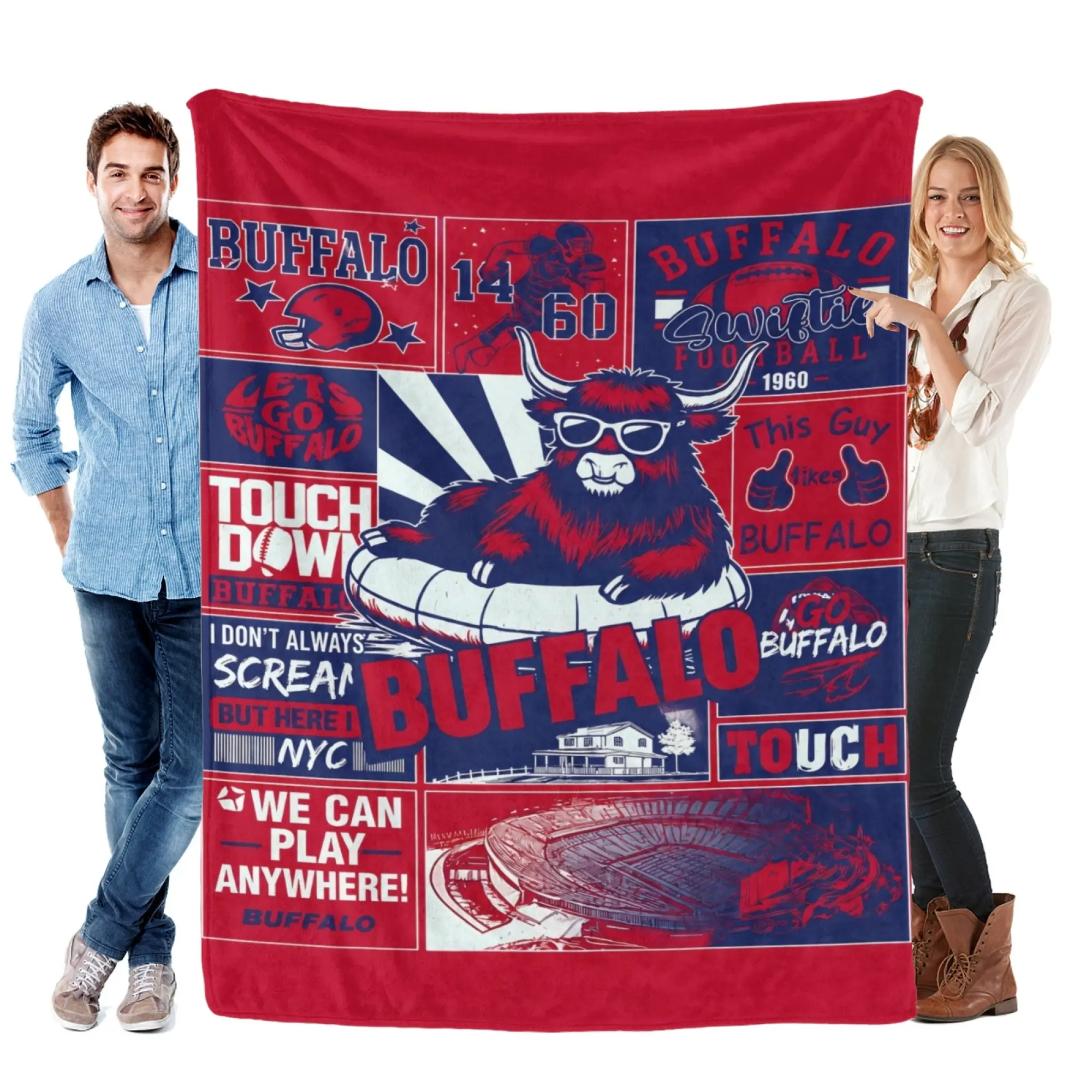 Buffalo Mascot Highland Cow Flannel Throw Blanket, Portable Multi-scene Game Day Decor, Red Navy Team Color Collage Print, Great Birthday Surprise Gift for Football Fanatics