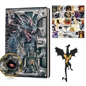Vintage Dragon Embossed Leather Notebook, 1 Set Including 1 Count A5 Journal with 1 Count Bookmark & 50pcs Sticker, Writing Notebook Gift for Men & Women, Stationery, Scrapbook Materials, Personal Organizer Book, Travel Diary Notebook, Hardcover Notebooks