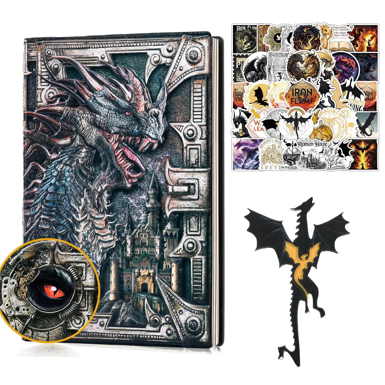 Vintage Dragon Embossed Leather Notebook, 1 Set Including 1 Count A5 Journal with 1 Count Bookmark & 50pcs Sticker, Writing Notebook Gift for Men & Wo