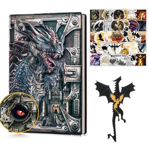 vintage dragon embossed leather notebook, 1 set including 1 count a5 journal with 1 count bookmark & 50pcs sticker, writing notebook gift for men & women, stationery, scrapbook materials, personal organizer book