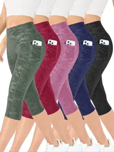 5PCS Affordable Spring & Fall Women's Camouflage Pattern High Waist Design Yoga Pants, Slim Fit Comfy Stretchy Fitness Tights Leggings, Outdoor Running Gym Pants with Functional Pockets, Exercise Capri Pants