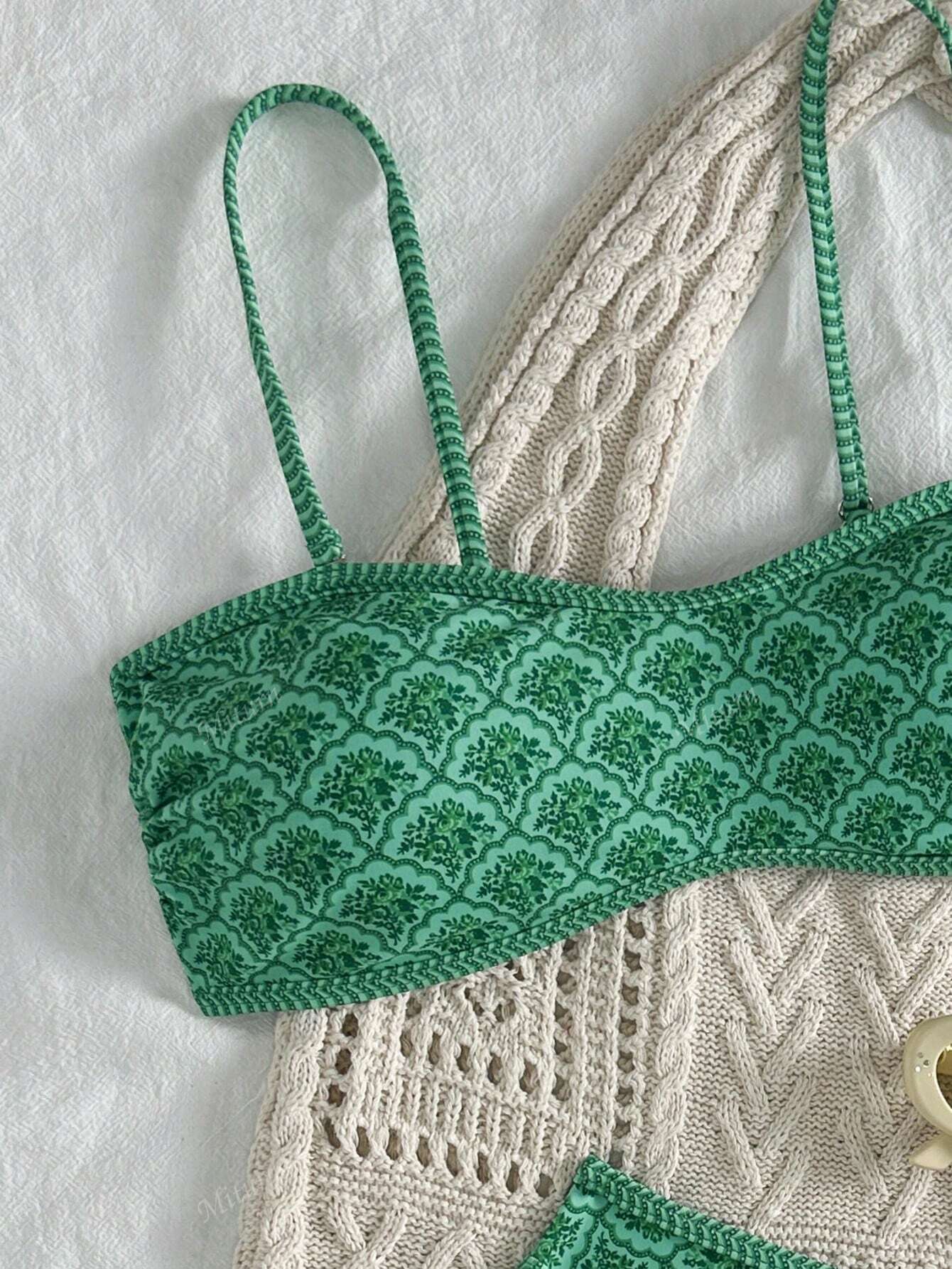 Two Pieces Of Women's Green Print Paired With Flat Chest Bikini, Detachable Shoulder Strap Suitable For Vacation Photography