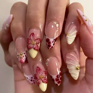 24pcs Gradient 3D Flower Almond Press on Nails, Gold Pearl French Design, Removable Nail Art Set, Short Glossy Nails