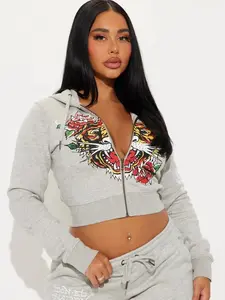 Tiger Pant Set - Heather Grey with Bold Tiger Graphic Design and Drawstring Detailing - Sweatshirt Zip-Up Hoodie & Flare Leg Pant - 55% Cotton 45% Polyester