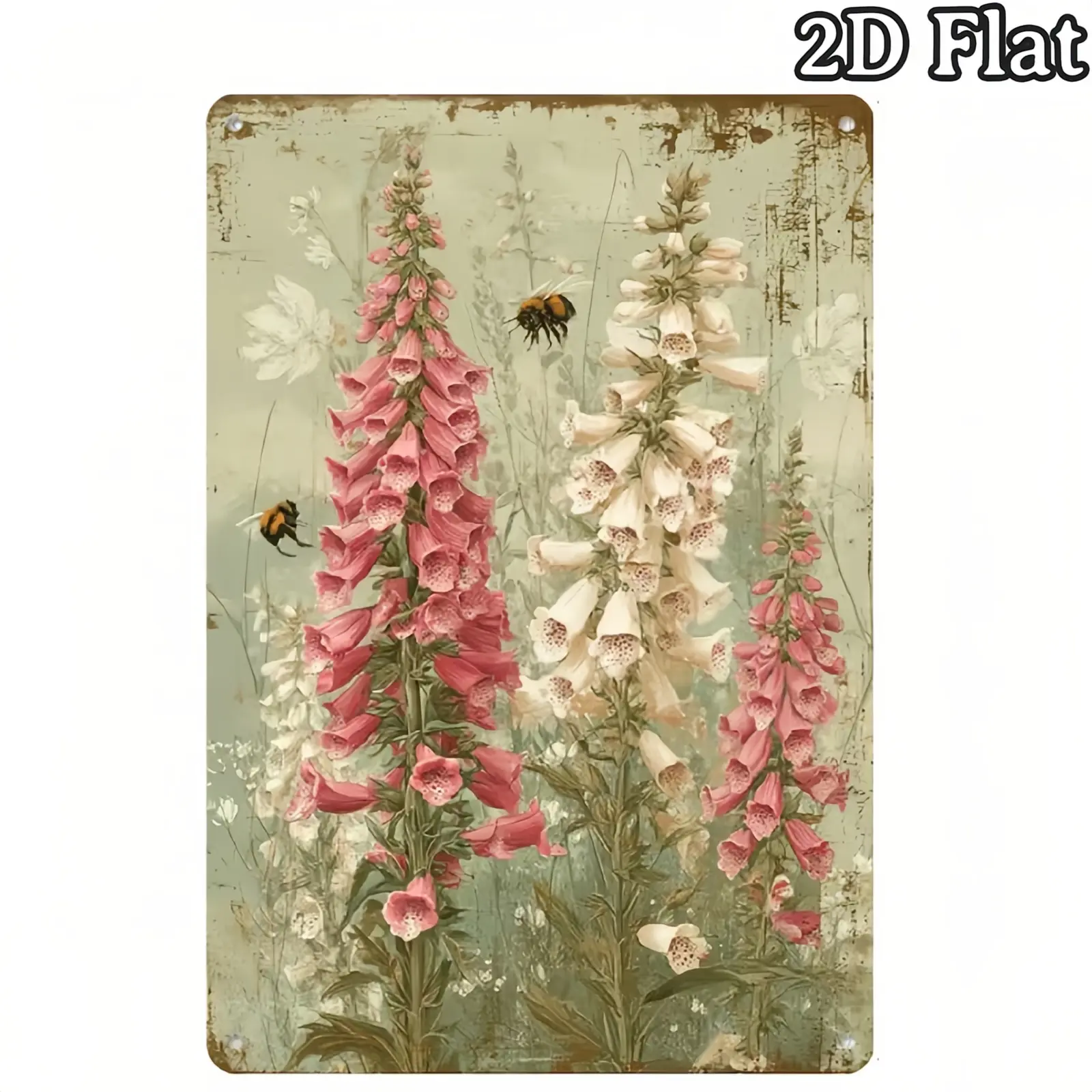 Vintage Distressed Metal Tin Sign - Decorative Pink White Foxglove Wildflower Bumblebee, Weathered Sage Green Chipped Paint Wall Plaque for Country Rustic Farmhouse Home Decor Lovers (Indoors, Natural Style)