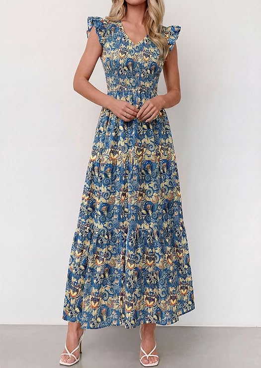 PrettyGarden Women's Cotton Boho Floral Maxi Dress Summer Smocked V Neck Ruffle Sleeve Spring Flowy Beach Vacation Sundresses