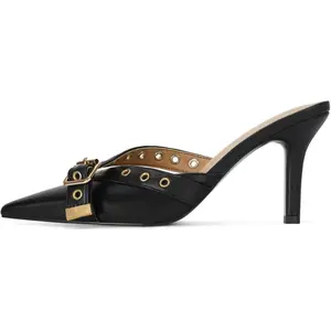 SOVANYOU  Black Kitten Heels for Women Pointed Closed Toe Dressy Bow Heel Vintage Heeled Mules Sexy Pointy Studded Slip on Stiletto Pump Shoes