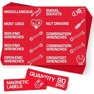 90 Pcs Magnetic Tool Box Labels 3.5x1 inch - Red Magnetic Toolbox Labels for Tool Box Drawers Strong Magnet Toolbox Organizer Chest Pre-Printed & Blanked Emblems for Organization - Toolbox Emblems