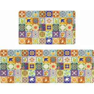 Rexful Colorful Mediterranean Tile Kitchen Rug Runner and Mat Set 2 PCS Non-Slip Washable Floor Mats Yellow Blue Orange Patchwork Pattern Kitchen Decor Mat (Green, 47''*17.3''+29''*17.3'')