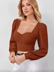 Spring Summer Long Sleeve Crop Top T-Shirt, Bubble Sleeve Square Neck Women's Shirt, Commuter Wear, Slim-Fitting Plain Design, Womenswear