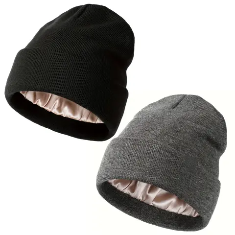 GOECI Unisex Fitted Satin-Lined Plain Solid Color Knit Beanie Hat - Machine Washable Casual Cold Weather Fashion Accessory for Birthday Outfits