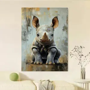 Framed 1pc Adorable Baby Rhino Canvas Wall Art - Modern Minimalist Wooden Framed , 0.75" Thick Wrapped Canvas, Neutral-Toned Wildlife Decor for Living Room, Bedroom, Office - Perfect Gift for Father's Day, Mother's Day, Rhino Decor, 2D Flat
