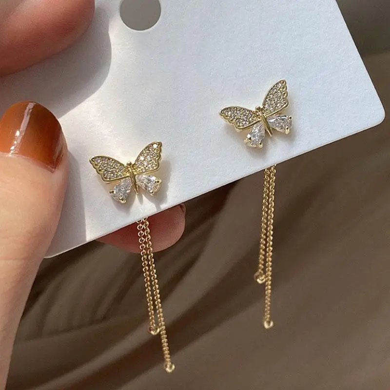Exquisite Butterfly Long Tassel Earrings Two Ways To Wear Rhinestone Drop Earings For Women Party Wedding Jewelry Girls Gifts K-