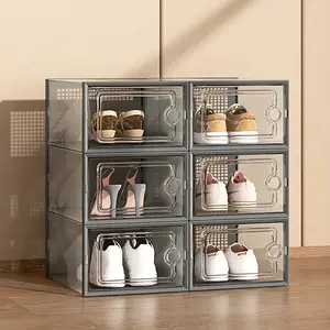 2026 new stackable transparent shoe box 6 packs gray space-saving household storage storage box
