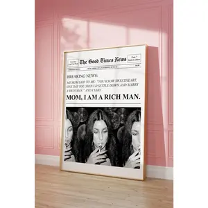 Trendy Newspapers Print Mom I am a rich man Cher Quote Poster Retro Bar Cart Feminist Wall Art Magazine Cover Aesthetic New York News