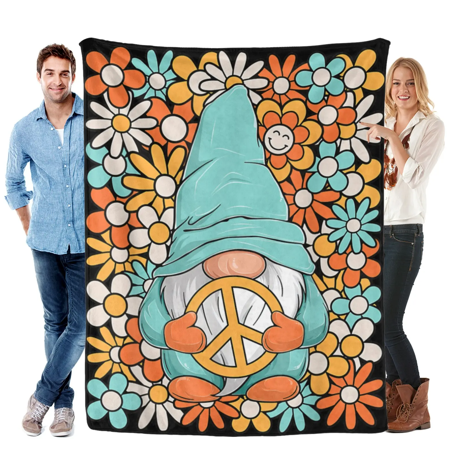 Gnome Peace Sign Floral Blanket - Soft Flannel Throw for Sofa, Bedroom & Boho Spaces, Great Gift for Gnome Lovers and Hippie Fans Desiring Whimsical Home Decor