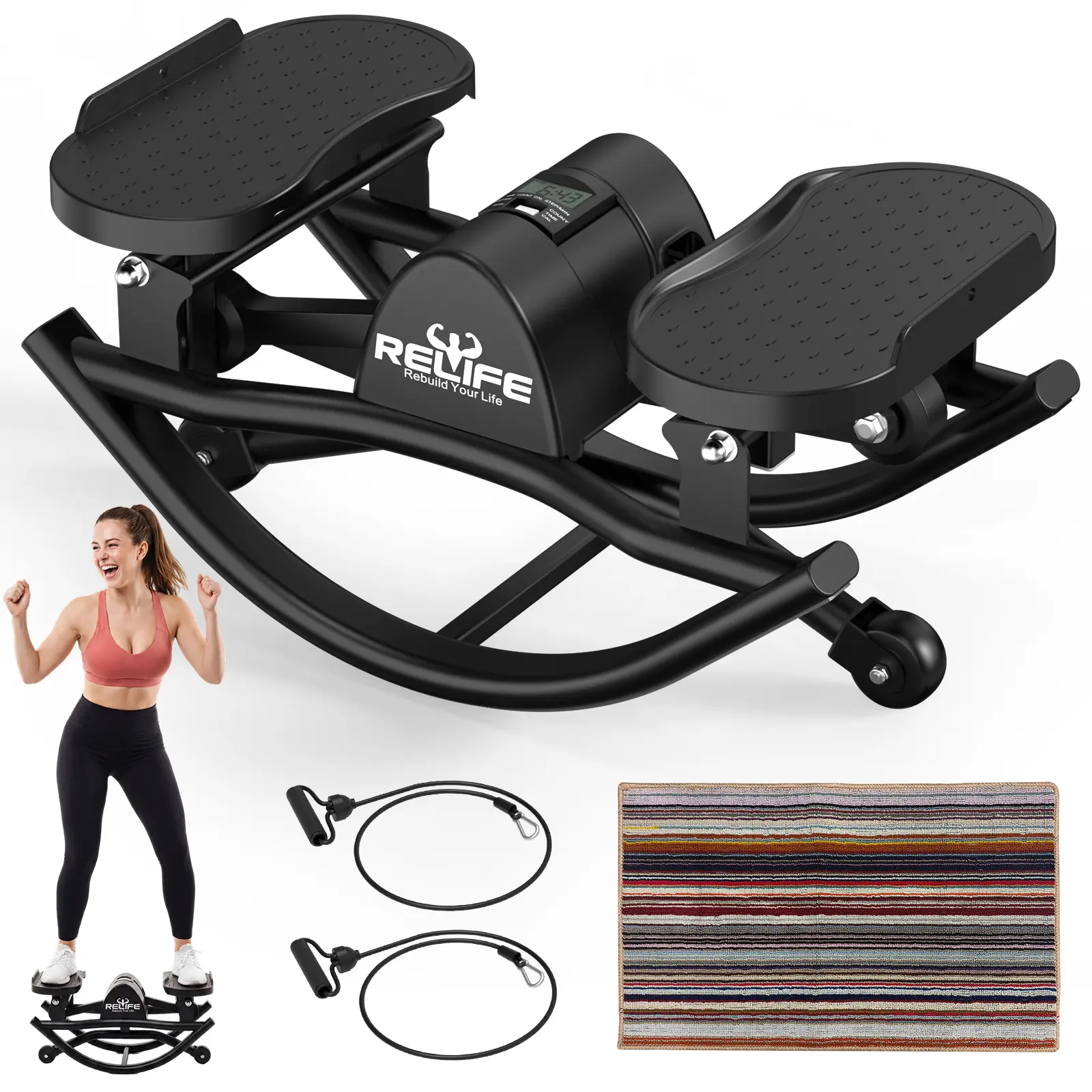 Relife Sports 3D Motion Rocking Stair Stepper for Home Exercise - 330 LBS Capacity, Resistance Bands for Full-Body Workout, Low-Impact Balance Board, Improves Balance, Joint Protection, LCD Fitness Tracking