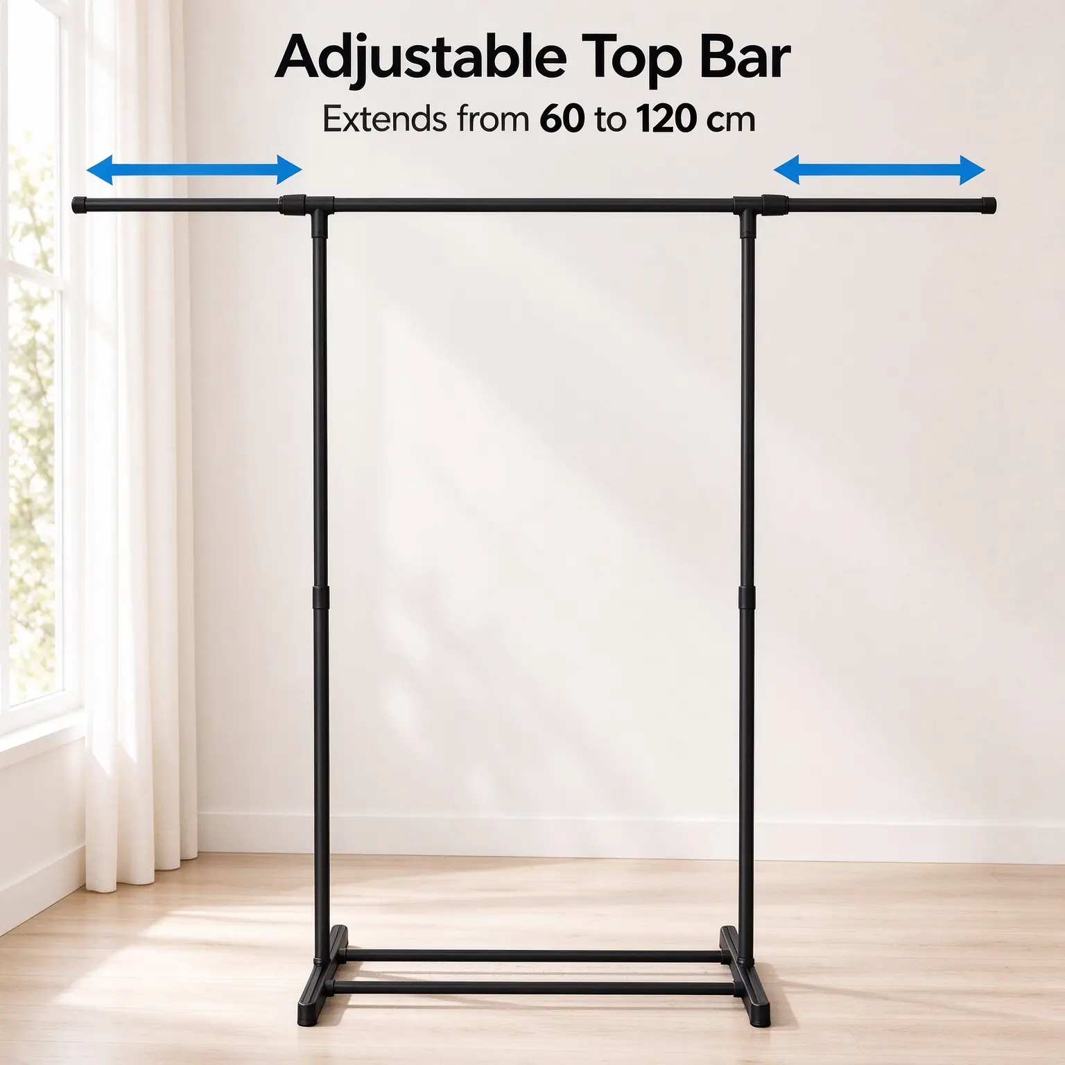 Hangable Adjustable Extendable Clothes Rack (60-120cm) with Bottom Storage Bars, Freestanding Garment Rack for Bedroom, Laundry Room
