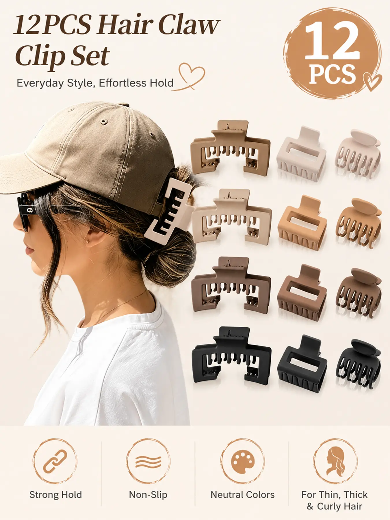 12Pcs Matte Claw Clips for Women, Strong Non-Slip Design, Square & Mini Double Row Teeth Set, Mix Colors Hair Accessory Gifts for Thick and Fine Hair, Effortlessly create high ponytails, messy buns,half‑up looks for workouts or casual days