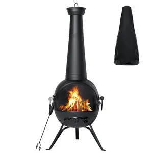 Chiminea Outdoor Fireplace Wood Burning Chimenea Metal Cast Iron Fire Pit with Cover Rain Lids for Backyard Garden Camping Patio Heater