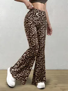 Women's Leopard Print Flare Leg Pants, Casual Comfy Bell Bottom Trousers for Daily Wear, Ladies Bottoms for All Seasons, Boho Fashion Trousers