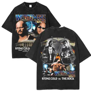WWE Stone Cold Vs The Rock Wrestle Mania 17 Washed T-Shirt | Vintage Graphic Design | Iconic Wrestling Print Classic Fan Fabric Menswear Oversized