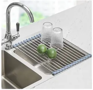 Roll Up Dish Drying Rack, Over The Sink Dish Drying Rack Kitchen Rolling Dish Drainer, Foldable Sink Rack Mat Stainless Steel Wire Dish Drying Rack for Kitchen Sink Counter Storage 17.5x11.8 Organiser Adjustable Cabinet Collapsible