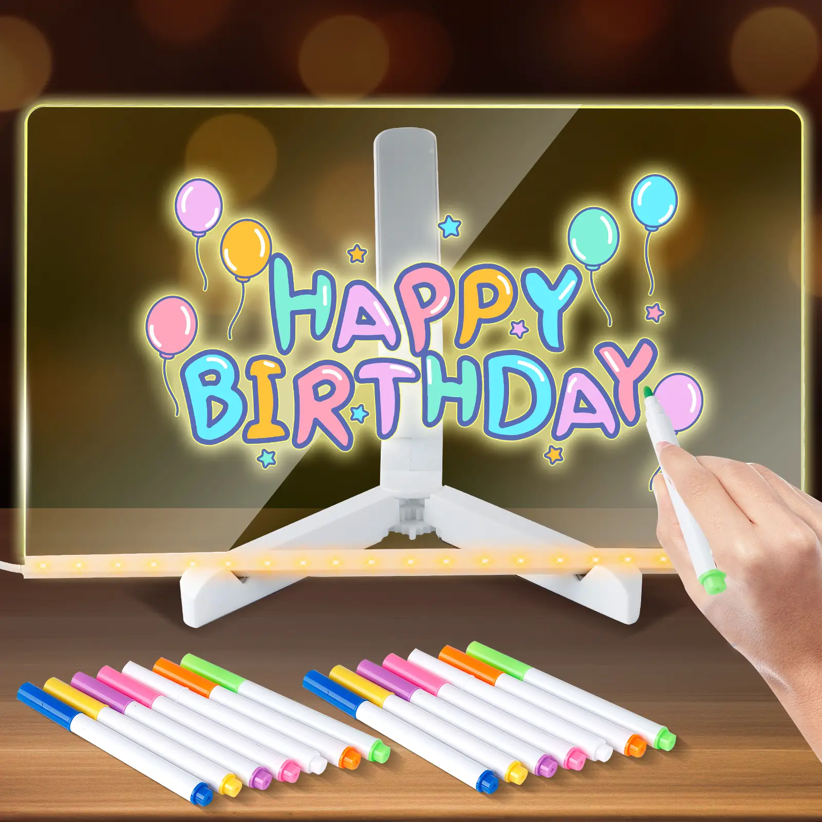 7-Color Neon Glow Dry Erase Board with LED Light, 11.8"X8" Touch Control Memo Board for Office/Room/Store, LED Message Note Board with Stand, Includes