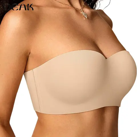 OEAK Womens Strapless Bras Wireless Underwire Non-Slip Tube Top Push Up Bralette Seamless Padded Bandeau Bra