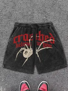 Y2K Streetwear Acid Wash Black Denim Shorts Men's Spider Graphic Gothic Print Baggy Jorts Hip Hop Oversized Harajuku Shorts for Summer Skateboard Outfits