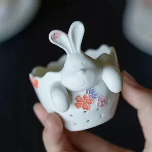 A43. Hand-Painted Cherry Blossom Rabbit Tea Strainers – Cute Ceramic Tea Filters, Tea Ceremony Accessories
