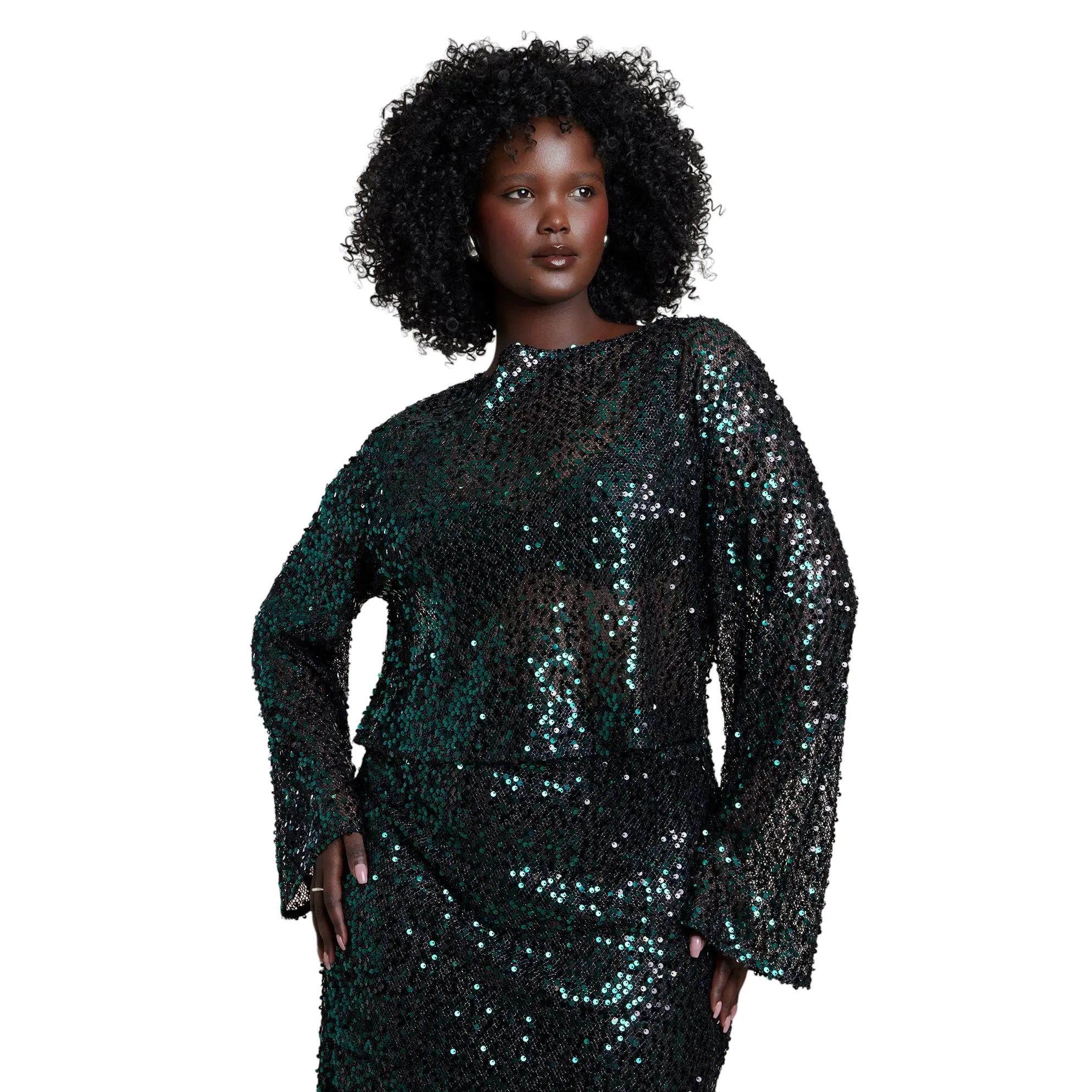 ELOQUII Women's Plus Size Boat Neck Sequin Crop Top