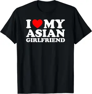 Women's 100% Cotton Round Neck Short-Sleeve T-Shirt - Distressed Vintage Streetwear Style Casual Top with Funny "I Love My Asian Girlfriend" Print for Everyday Wear