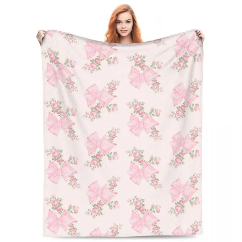 Throw Blanket Rosa Beaux Micro Pink&White Flannel Blanket Four Sizes Fashionable Portable Suitable For Sofa Nice Gift Soft Comfy Blanket, Christmas Blanket, Christmas Gift, Thanksgiving Blanket, Gift For Men & Women, Gift For Kids
