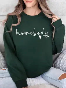 Women's Letter & Heart Print Drop Shoulder Sweatshirt, Casual Long Sleeve Round Neck Pullover for Daily Wear, Ladies Clothes for All Seasons, Casual Pullover Tops