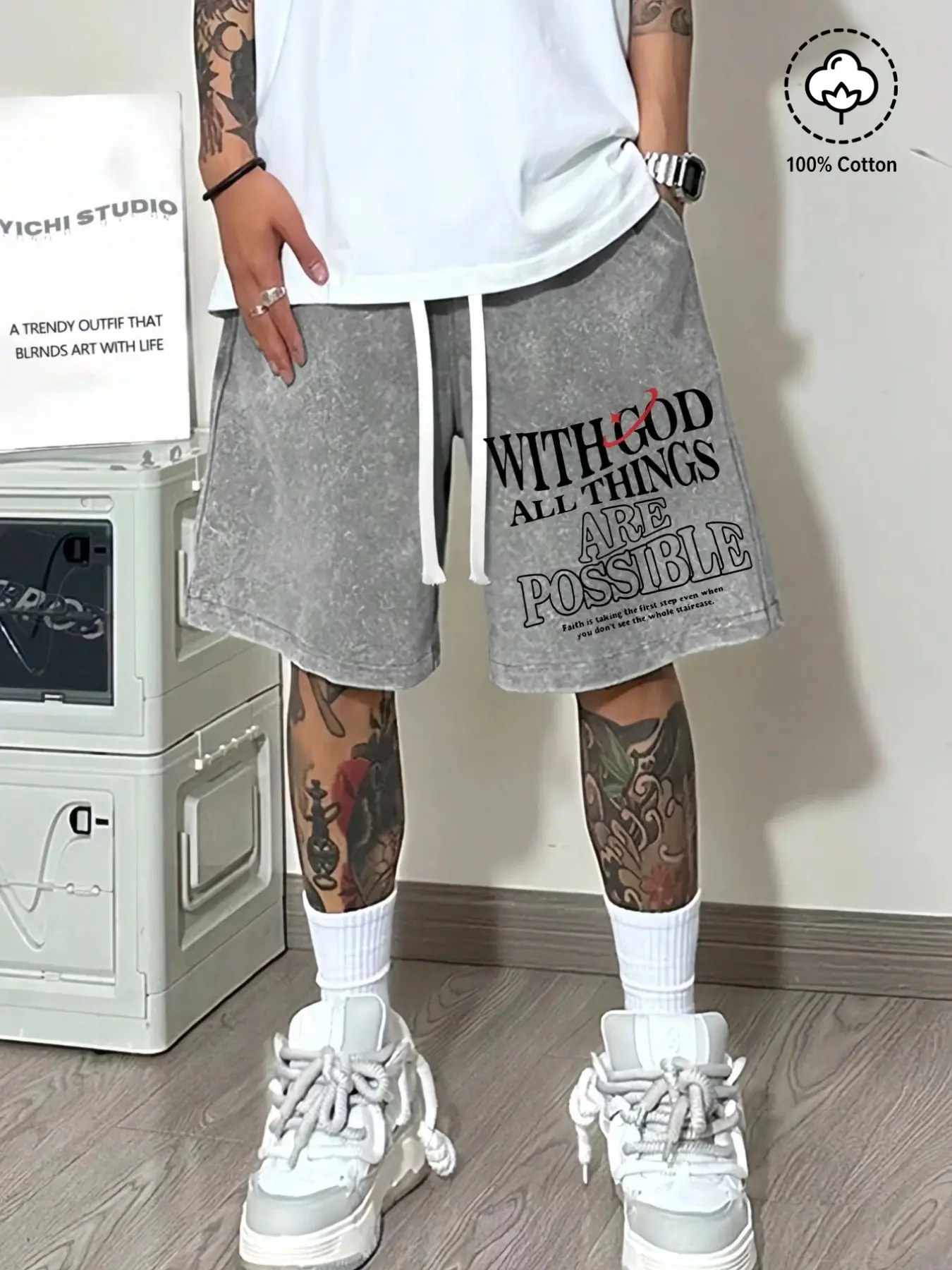 Men's Vintage Washed Shorts, 100% Cotton Drawstring Loose Fit, Christian Inspirational Streetwear, All over Print, Casual Five-Pocket Pants, Graphic Shorts