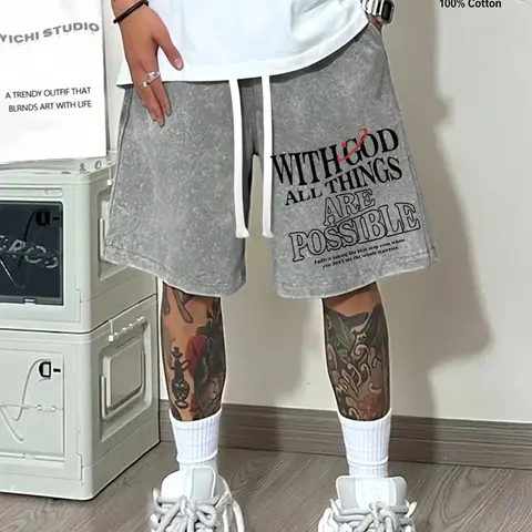 Men's Vintage Washed Shorts, 100% Cotton Drawstring Oversized Loose Fit, Christian Inspirational Streetwear, All over Print, Casual Five-Pocket Pants