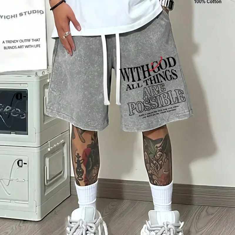 Men's Vintage Washed Shorts, 100% Cotton Drawstring Oversized Loose Fit, Christian Inspirational Streetwear, All over Print, Casual Five-Pocket Pants