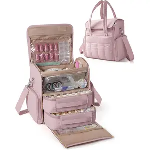 Nail Polish Organizer Bag Holds 70 Bottles and Nail Lamp, Nail Polish Storage Case with 2 Removable Bags and Multiple Pockets, Pink