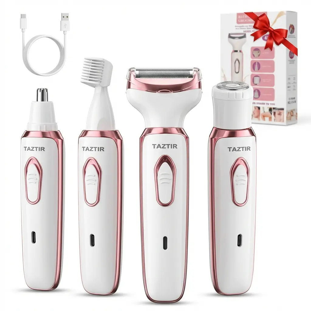 TazTir Women's 4-in-1 Electric Razor, Limited Edition Painless Precision Shaver & Grooming Kit for Wet & Dry Use on Face, Legs, Bikini