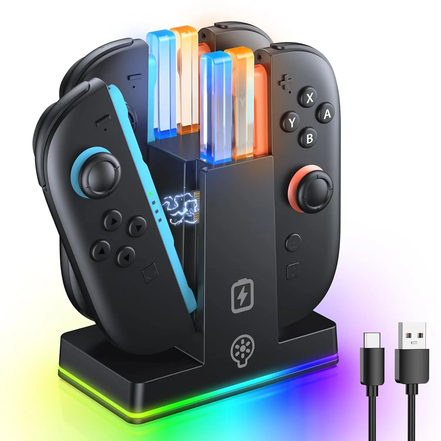P-PDT01 Rechargeable Plastic Charging Stand for Nintendo Switch 2 (2025) & Joy-Con 2, Dual-Direction Magnetic Fast Controller Charger Station with 9 RGB Lighting, LED Light, Cable, Plug, Button, Protection, Memory (Black), 2.5-3 Hours