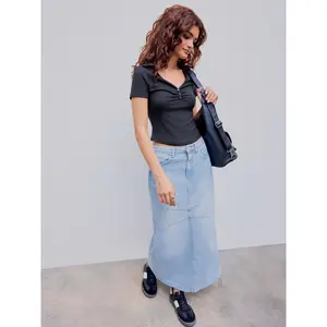 Cider Denim Mid Rise Pocket Split Maxi Skirt
