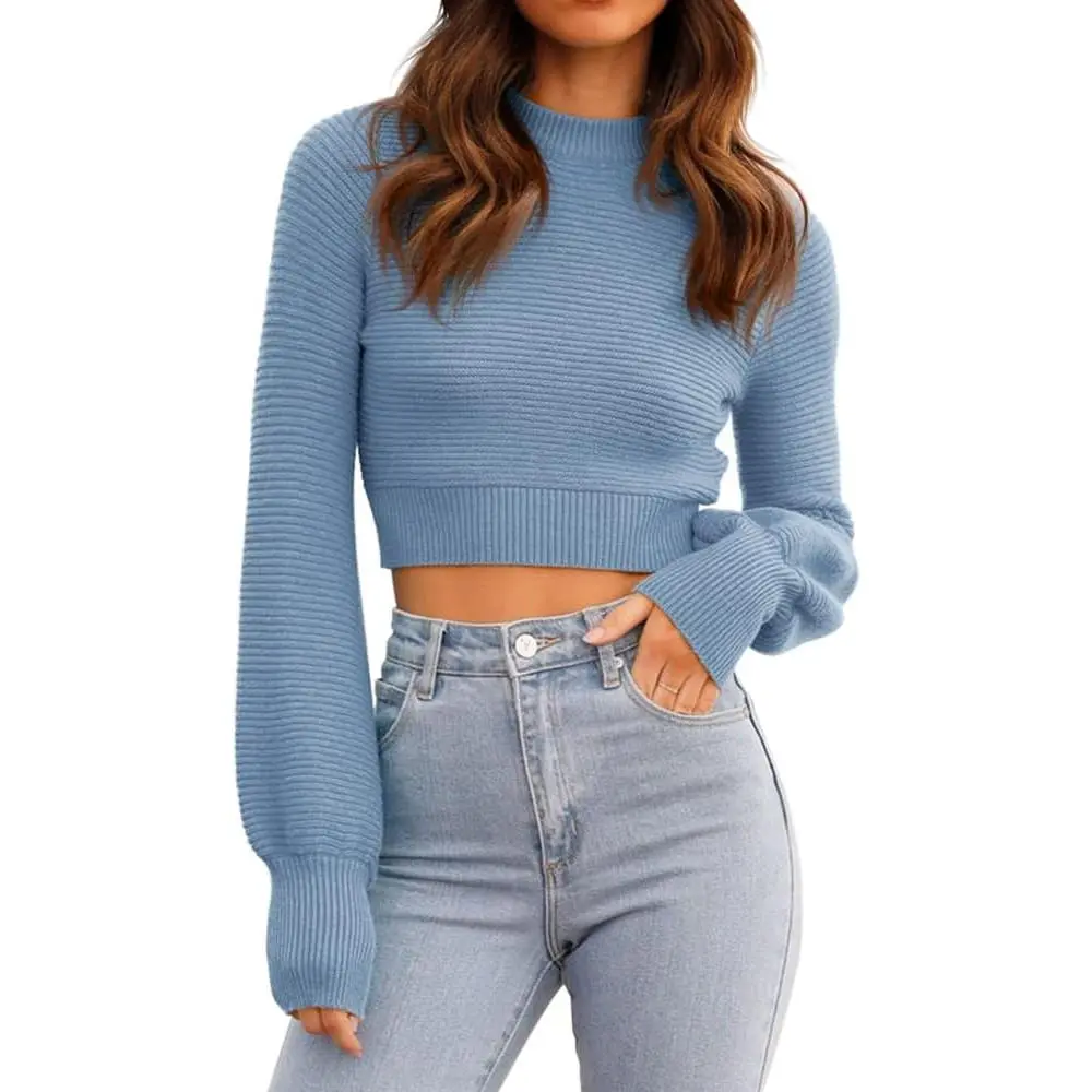 Saodimallsu Women's Minimalist Longsleeves Sweater, Basic Casual Ribbed Knit Crew Neck Fitted Cropped Pullover Top, Crop Tops, Knitwear, Sweaters