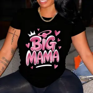 Women's Plus Size Casual Short Sleeve T-ShirtBIG MAMA Graphic With Crown & HeartsGeometric Print Breathable Round NeckMachine Washable All Season ComfortFashionable Cotton Fabric Top
