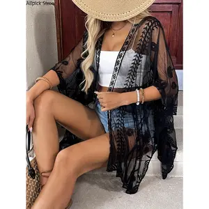Elegant hollow back black bat wing swimsuit cover, bohemian embroidered mesh lace edge scarf, must-have beach party vacation bikini shawl, exudes sexy charm