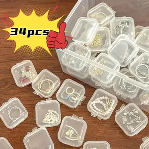 34-Piece Transparent Plastic Jewelry Storage Box with Lid, Mini Square Container for Beads, Earrings, Small Crafts, Home Bedroom Accessories