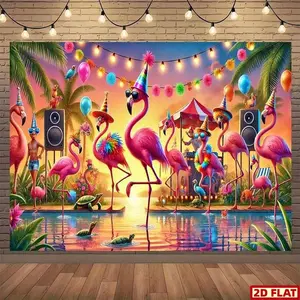 1PC,2D Flat Flamingo Theme Summer Pool Party Backdrop, Tropical Party Decorations Background Cloth, Birthday Party Festival Decoration Photography Backdrop, Photo Booth Background for Party Events, Pa