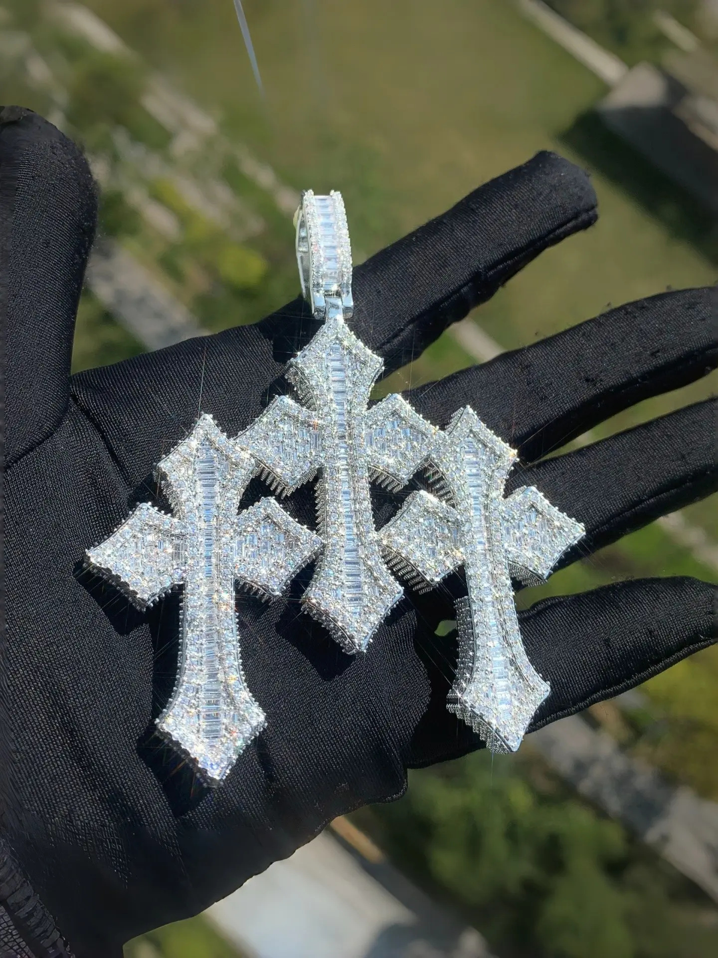 Hip Hop Triple Cross Pendant Necklace, Statement Necklace, 3D Full Iced Out Baguette Cubic Zirconia Cross Charm, 14K Gold Plated Stacked Cross Necklace for Men, Christian Bling Jewelry, Bling Religious Jewelry, Cross Design Necklace