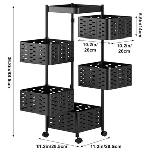 Rotating Trolley, 4/5 Tiers Square Rotating Kitchen Storage Shelves, Hollow Mesh Detachable Basket Kitchen Storage Cart